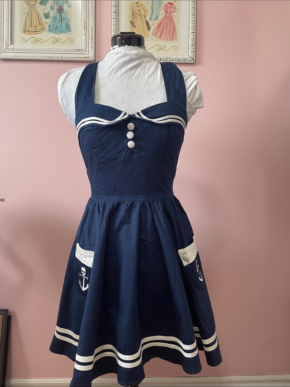 Hell Bunny Vixen Navy Sailor Dress with White Trim